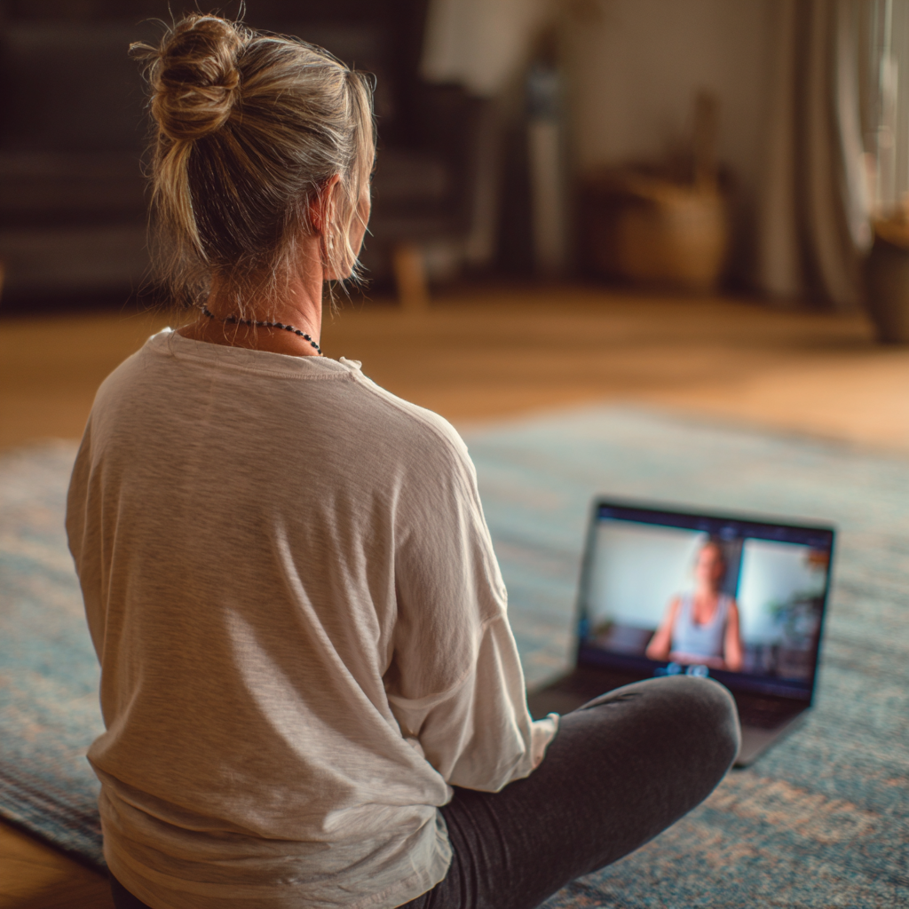 Жінка у віці 52 роки практикує йогу вдома перед ноутбуком, на екрані якого викладач веде онлайн заняття