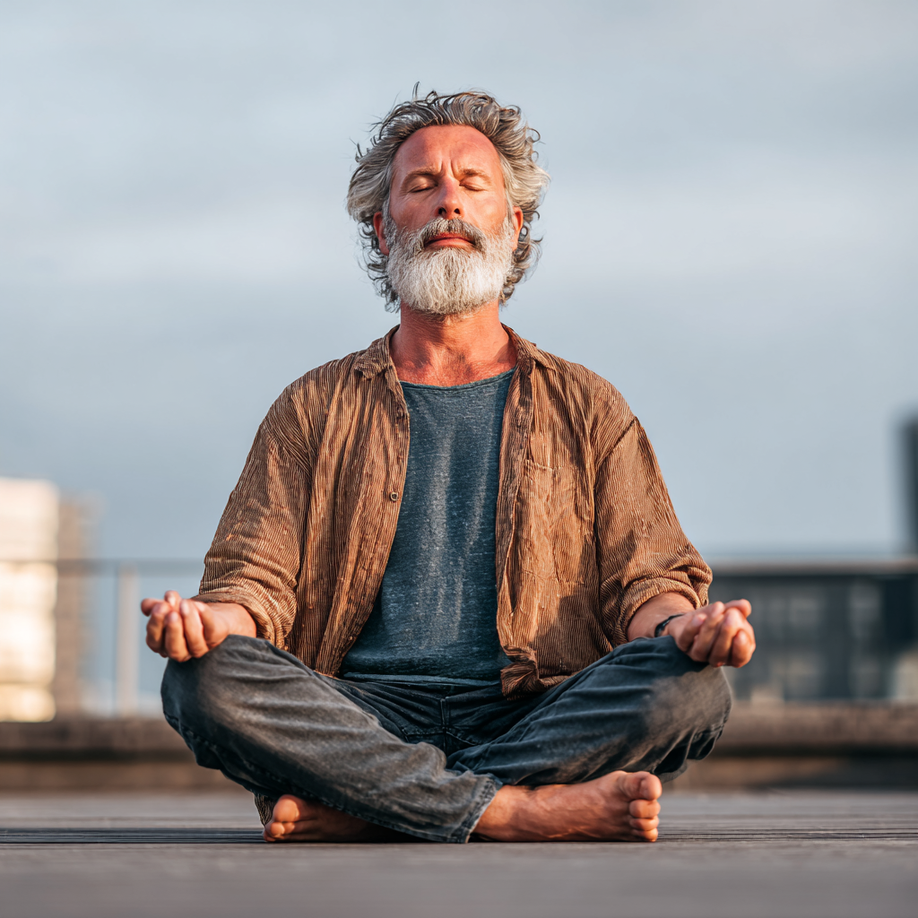 Чоловік у віці 58 років медитує у позі лотоса на терасі студії йоги, на обличчі спокій та зосередженість