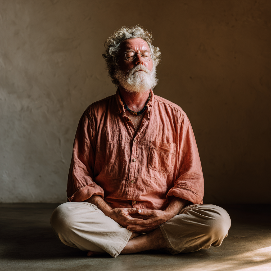 Чоловік у віці 60 років сидить у медитативній позі з закритими очима, практикуючи дихальні вправи у тихому куточку студії